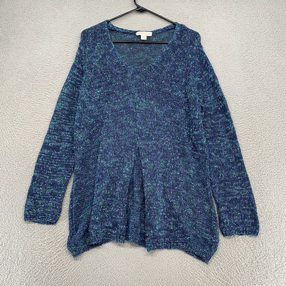 Coldwater Creek Sweater Womens XL / 18 Open Knit V-Neck Blue Tunic Cotton Blend